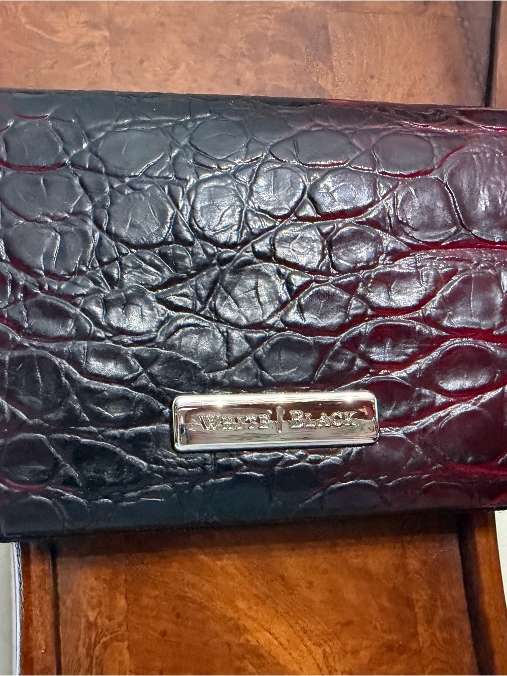 White House Black Market Black Croc-Embossed Wallet purse with Metal Logo Plate